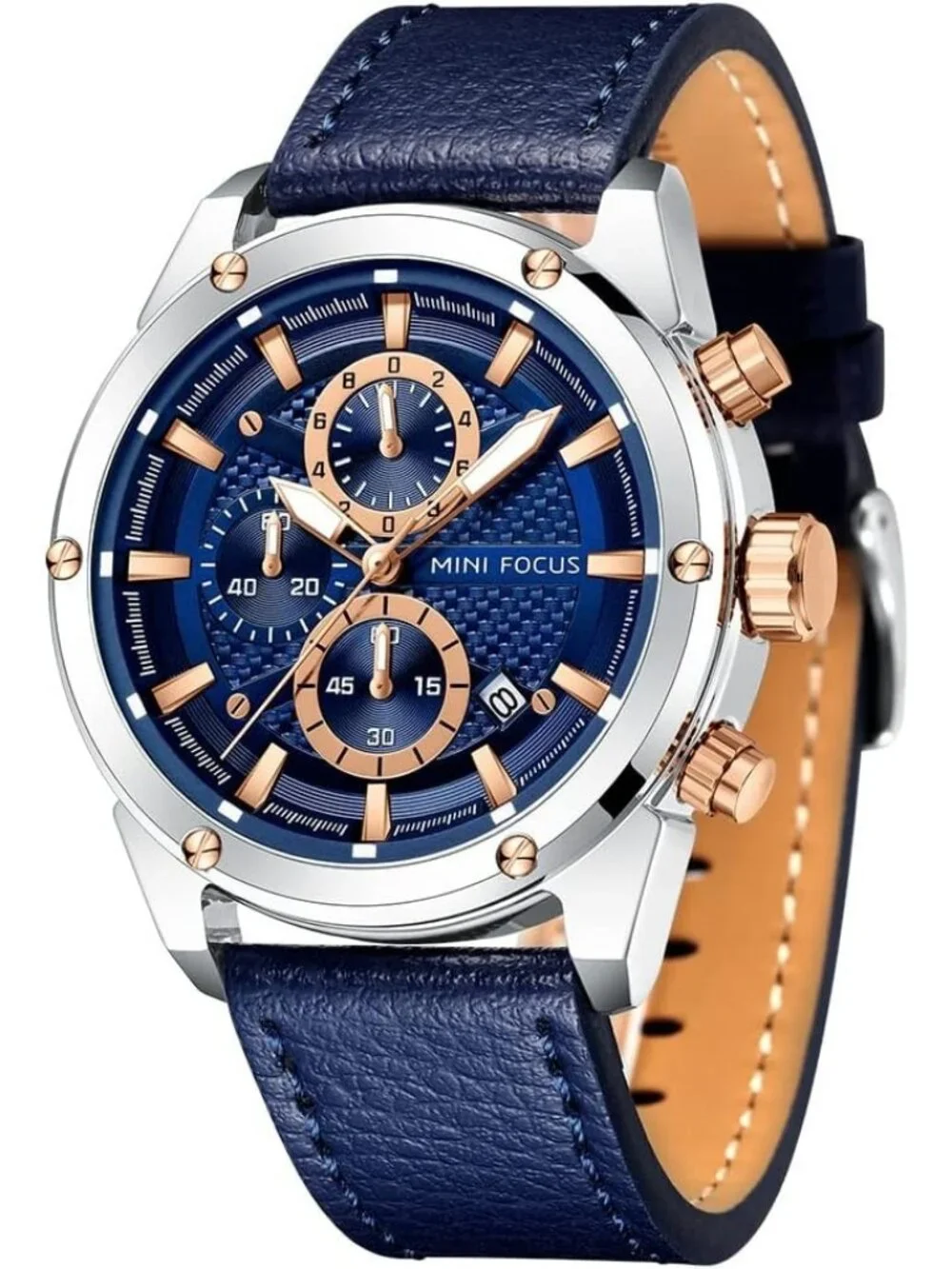 Men's Blue Silver Chronograph Waterproof Sport Military Analog Quartz Wristwatch